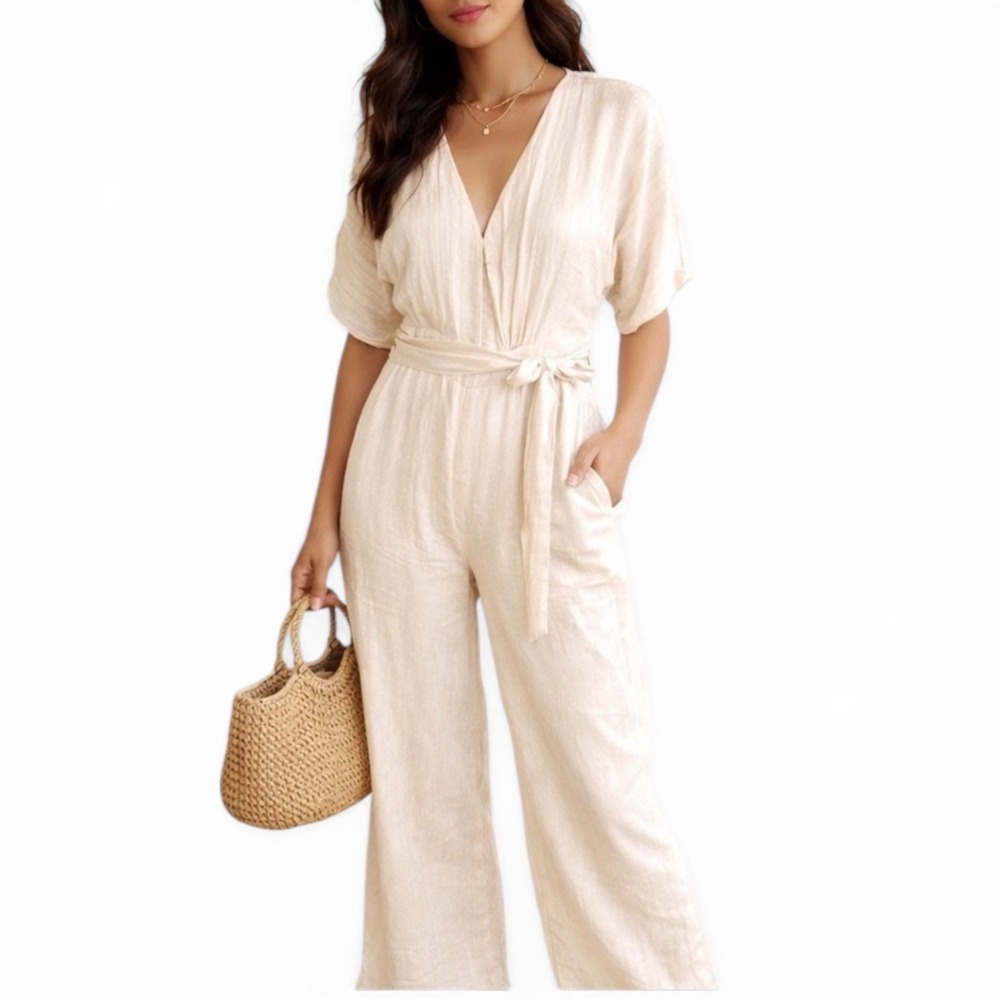 NWT Knot Sisters Cream Gold Shimmer Belted Jumpsuit Size‎ Medium
